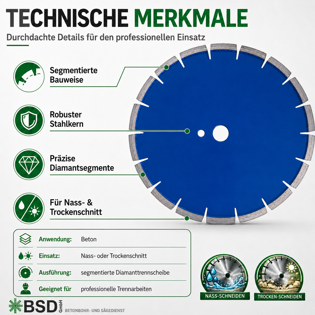 1 Diamant-Fasenfräser für Beton Ø 280 mm – 2er-Set mit 45° Winkel – 25,4 mm Aufnahme – für Fugenschneider ab 7,5 kW – Dehnungsfugen und Betonkanten - PREMIUM Merkmale