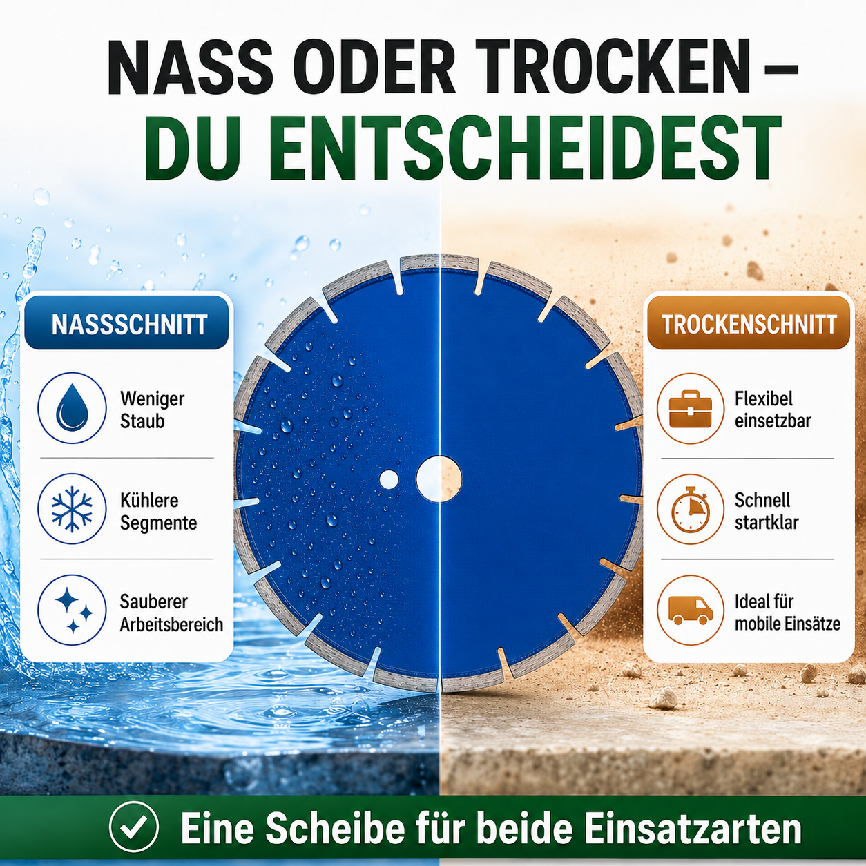 2 Diamant-Fasenfräser für Beton Ø 280 mm – 2er-Set mit 45° Winkel – 25,4 mm Aufnahme – für Fugenschneider ab 7,5 kW – Dehnungsfugen und Betonkanten - PREMIUM Merkmale