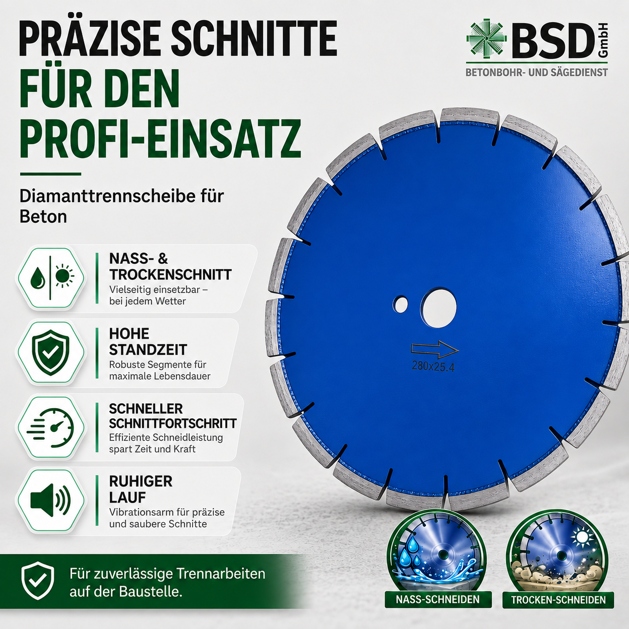 3 Diamant-Fasenfräser für Beton Ø 280 mm – 2er-Set mit 45° Winkel – 25,4 mm Aufnahme – für Fugenschneider ab 7,5 kW – Dehnungsfugen und Betonkanten - PREMIUM Merkmale