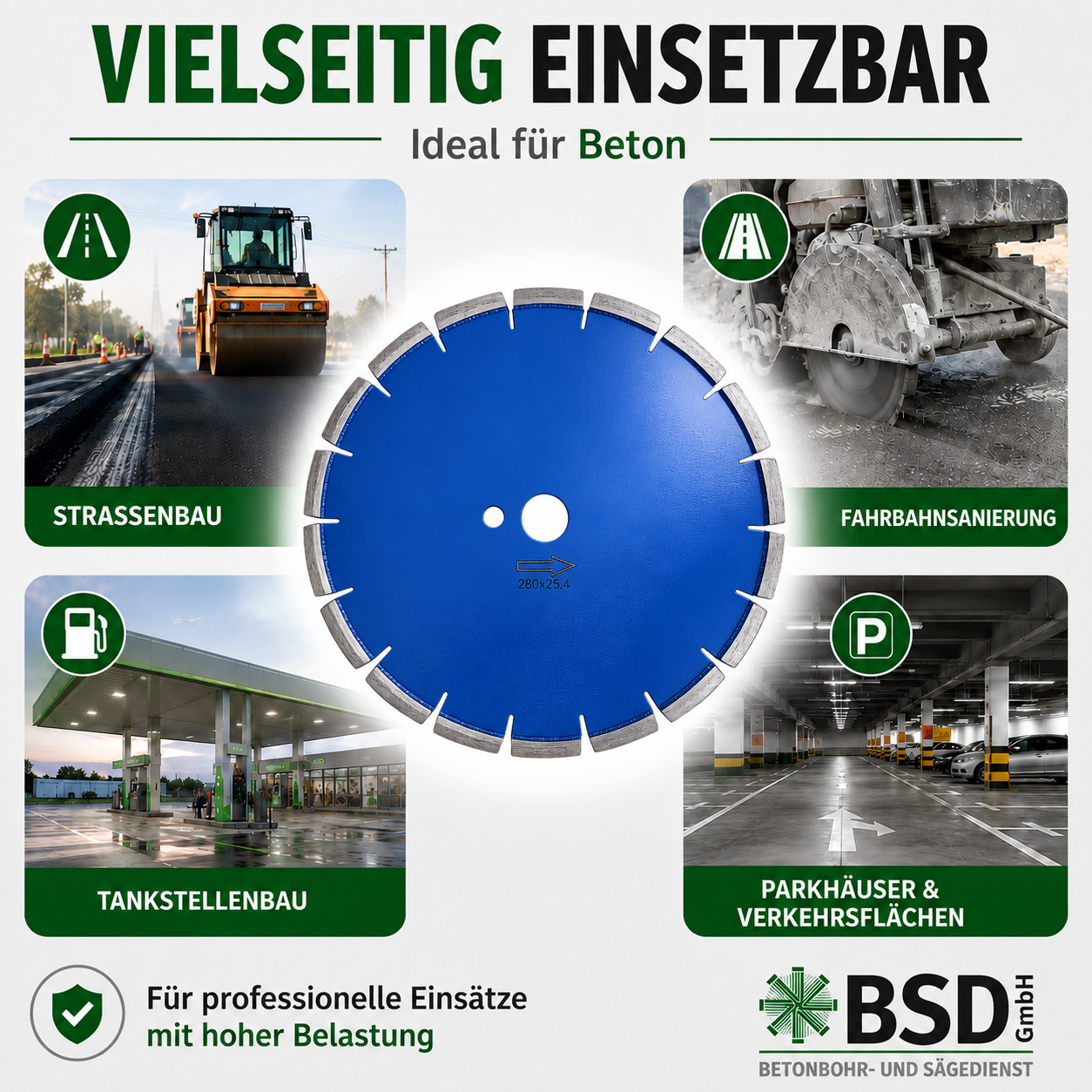 4 Diamant-Fasenfräser für Beton Ø 280 mm – 2er-Set mit 45° Winkel – 25,4 mm Aufnahme – für Fugenschneider ab 7,5 kW – Dehnungsfugen und Betonkanten - PREMIUM Merkmale