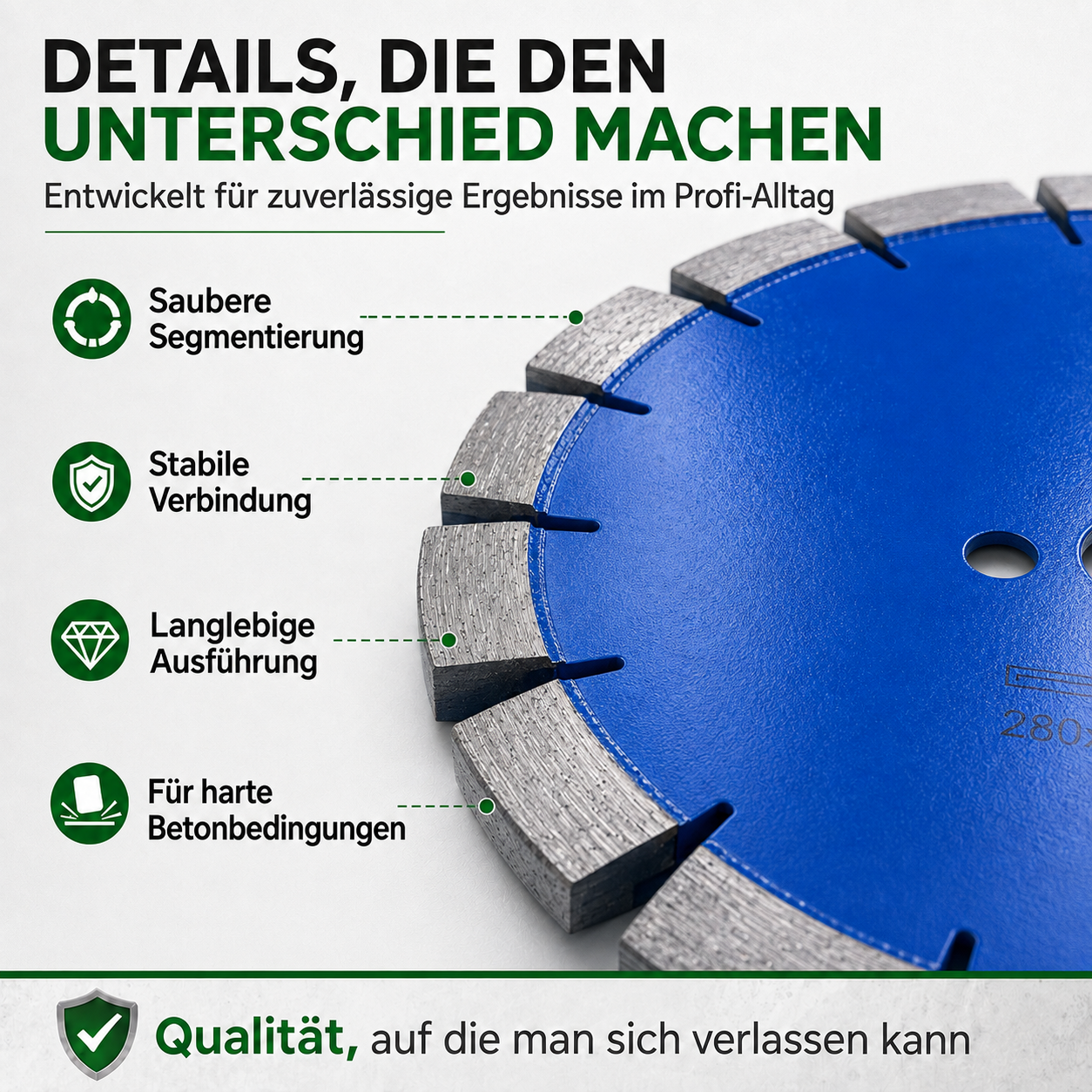 5 Diamant-Fasenfräser für Beton Ø 280 mm – 2er-Set mit 45° Winkel – 25,4 mm Aufnahme – für Fugenschneider ab 7,5 kW – Dehnungsfugen und Betonkanten - PREMIUM Merkmale